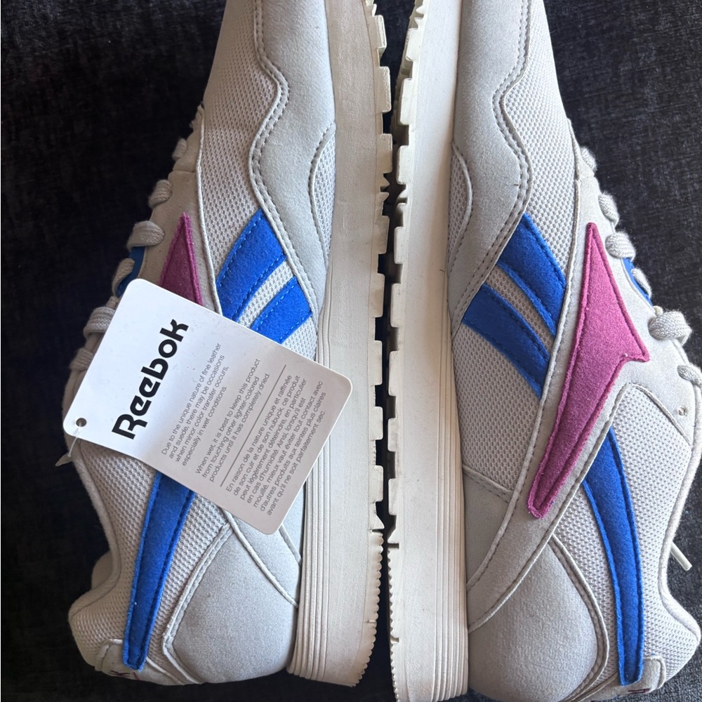 Reebok Classic White Shoes with Blue and Pink Highlights